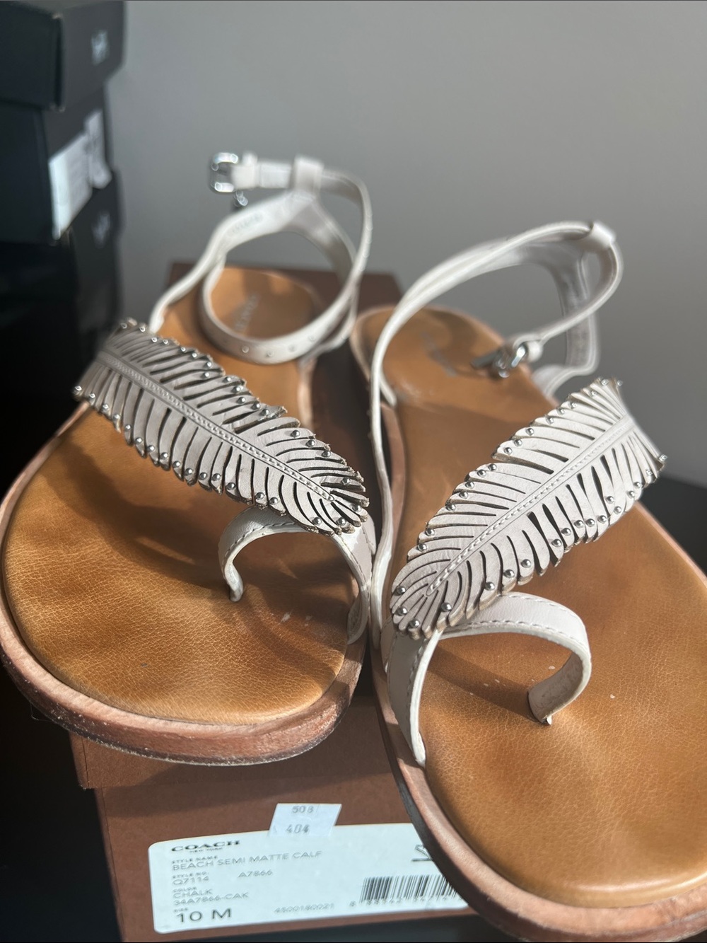 Coach White Feather-Accent Leather Ankle-Strap Sandals